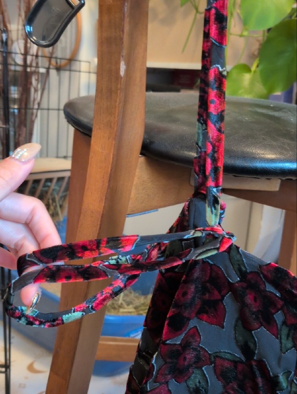 Black Velvet Floral Slip Dress with Red Rose Burnout - Picture 3 of 4